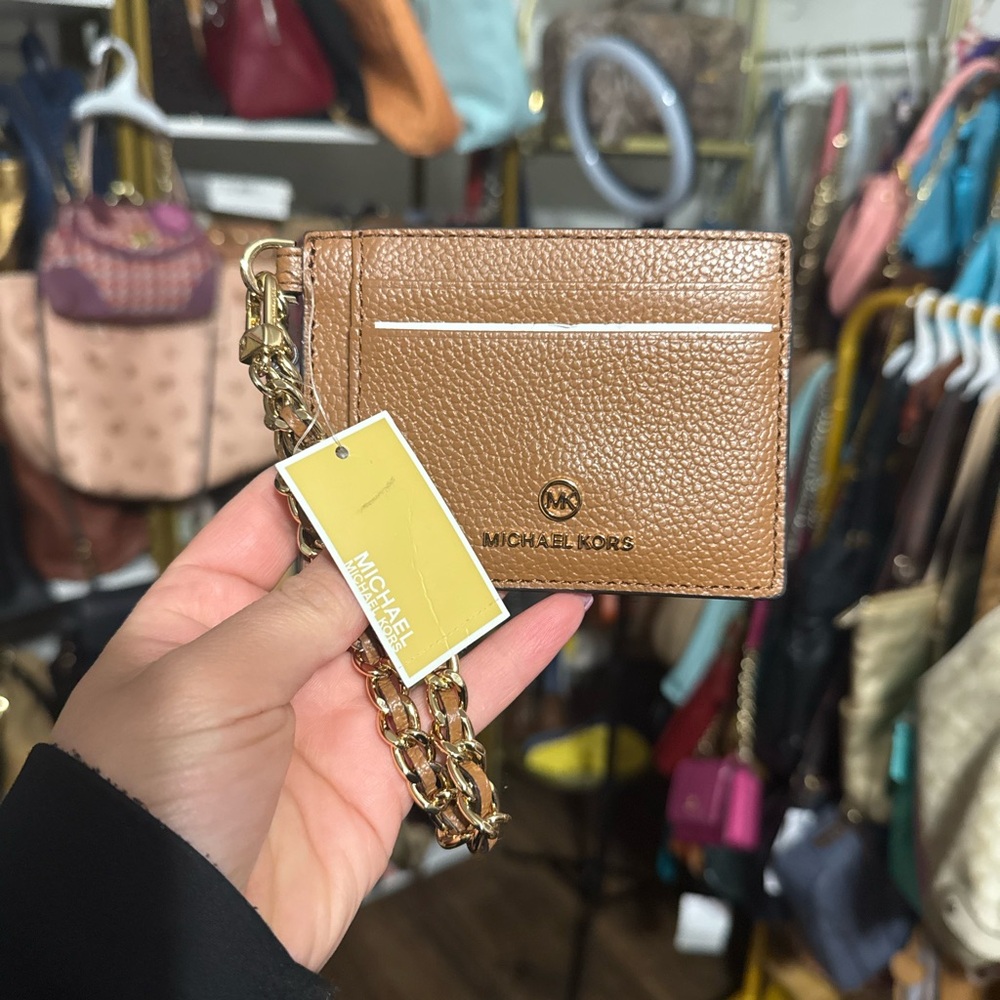 Michael Kors Tan Card Holder with Gold Chain